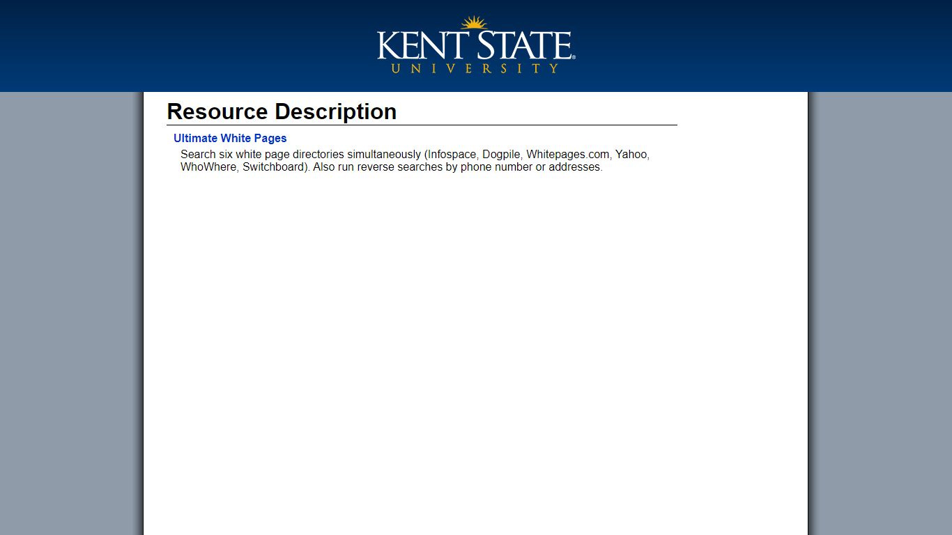 Ultimate White Pages - Resource Description - Kent State University